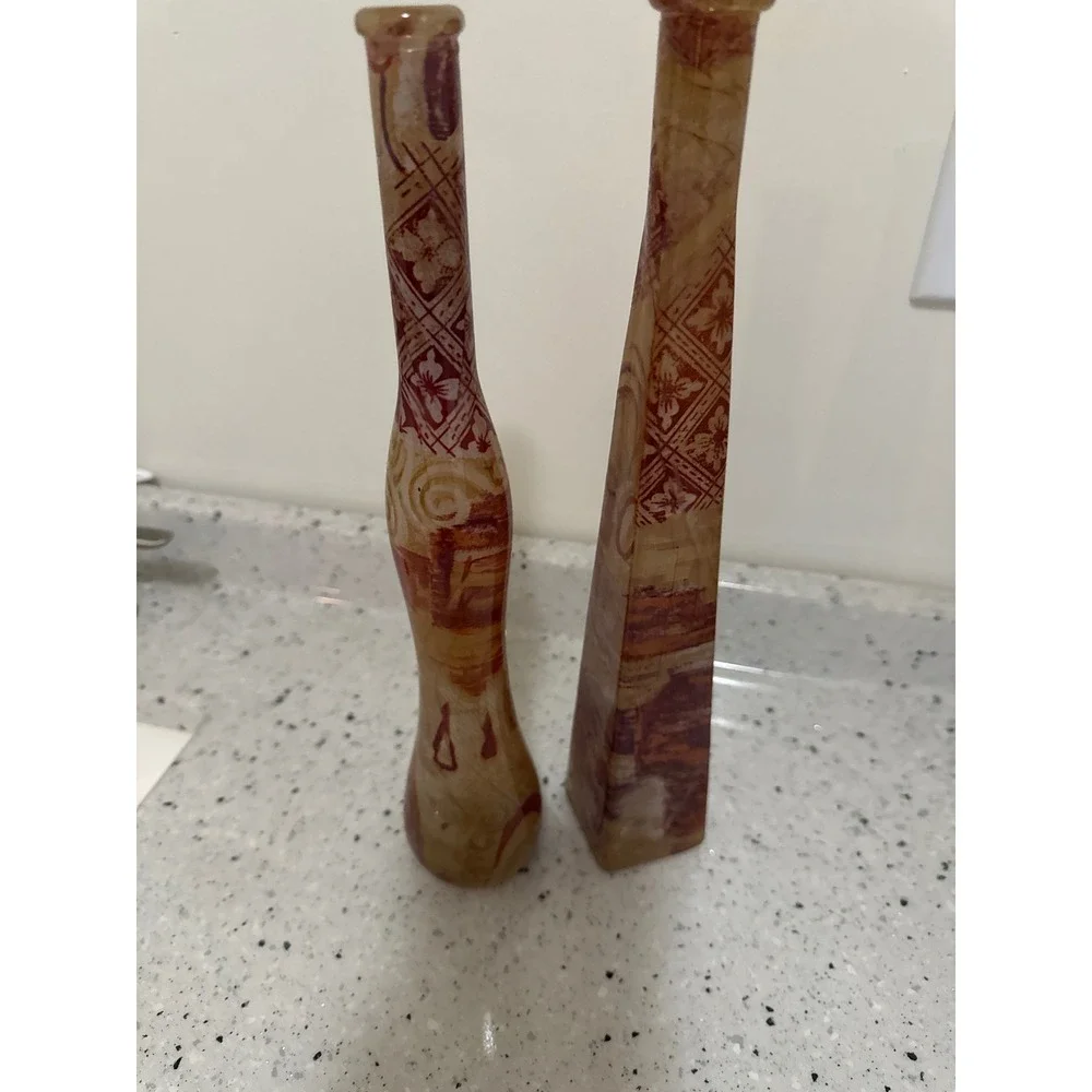 Pair of 2 Vintage Studio Art Glass Vases Earth Tone Patterned Boho Home Decor